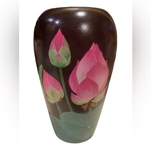 Wooden Vase HandPainted Floral Pattern Pink & Green Signed 8.5” Tall